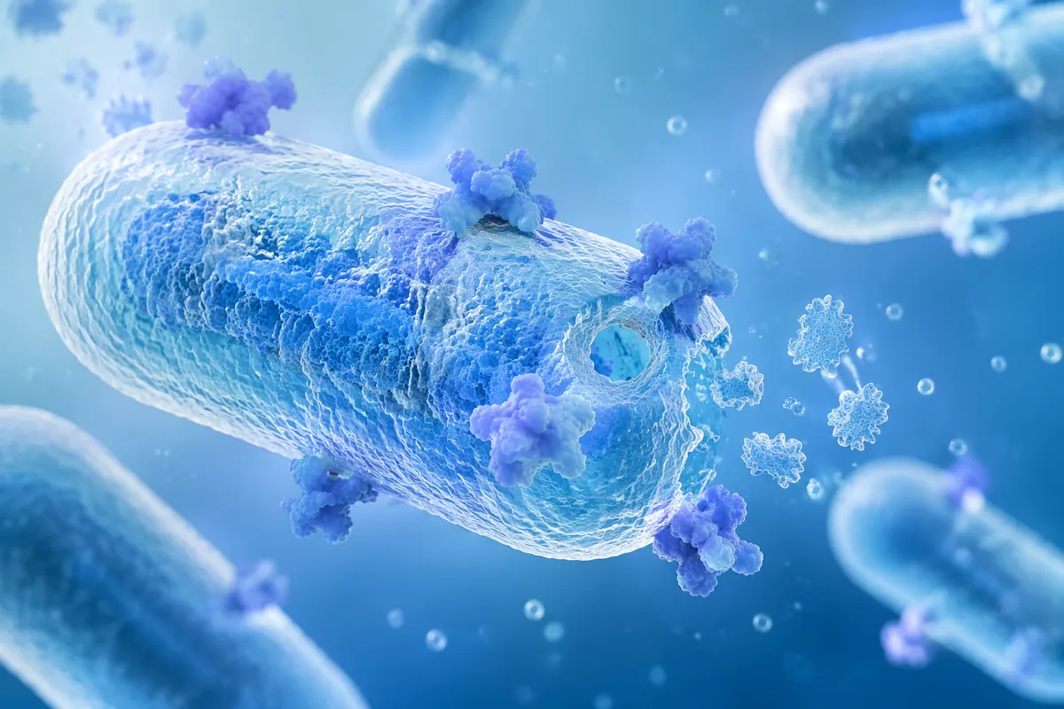 Illustration of lysozyme enzymes attached to a rod-shaped bacterium, opening a hole in its cell wall